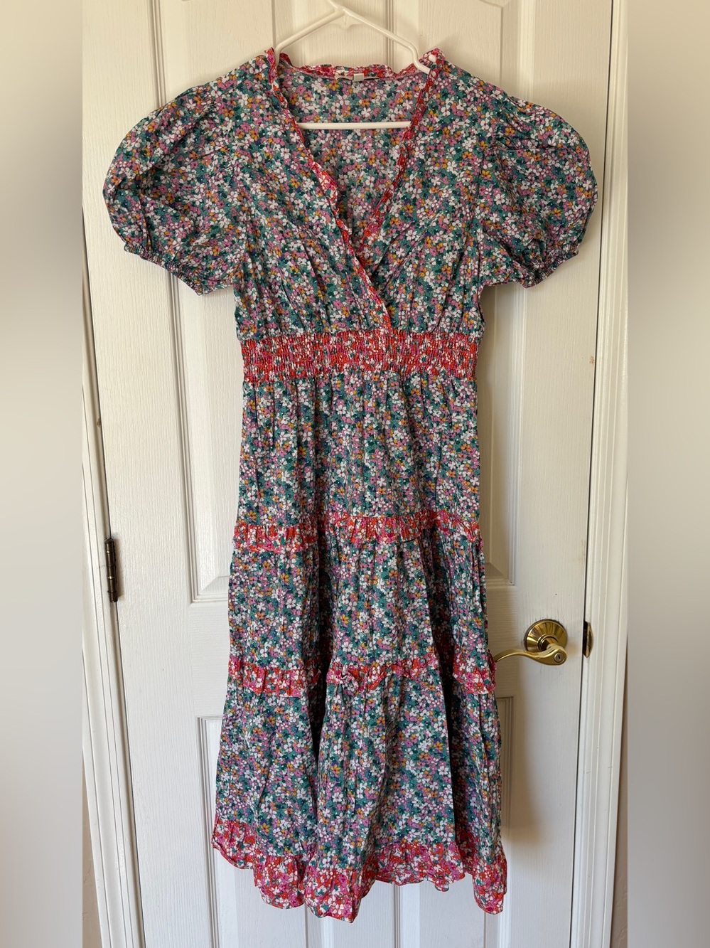 Pinch Floral Dress w/ Puff Sleeve & V-Neck 100% Cotton ~ Women’s Large